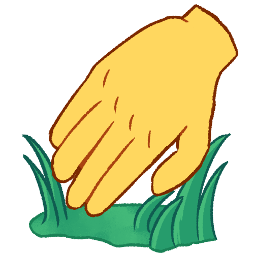 a drawing of an emoji yellow hand reaching down and touching a patch of green grass.